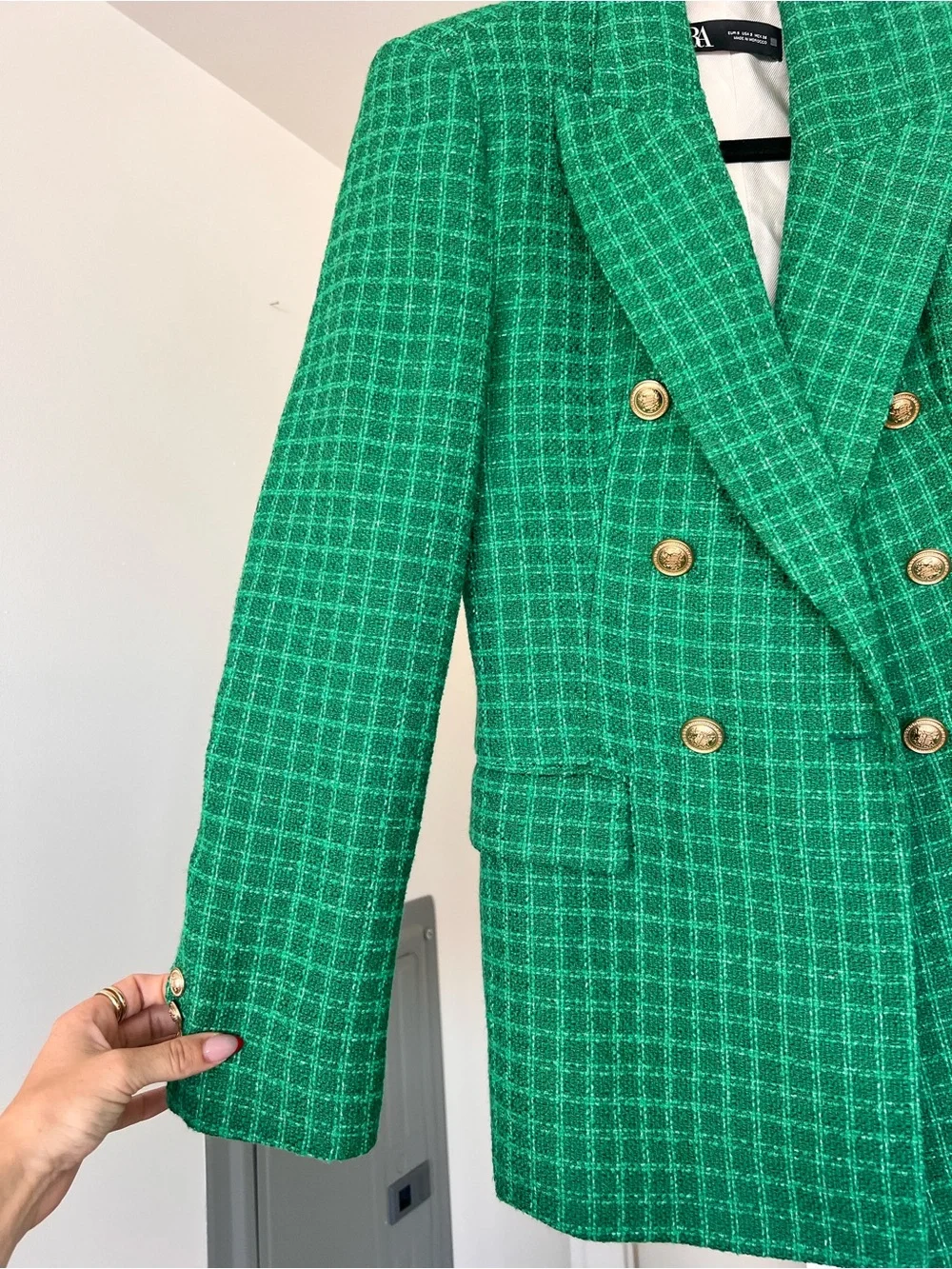 Zara Emerald Green Textured Tweed Double Breasted Blazer Gold Buttons Size Small - Picture 2 of 10